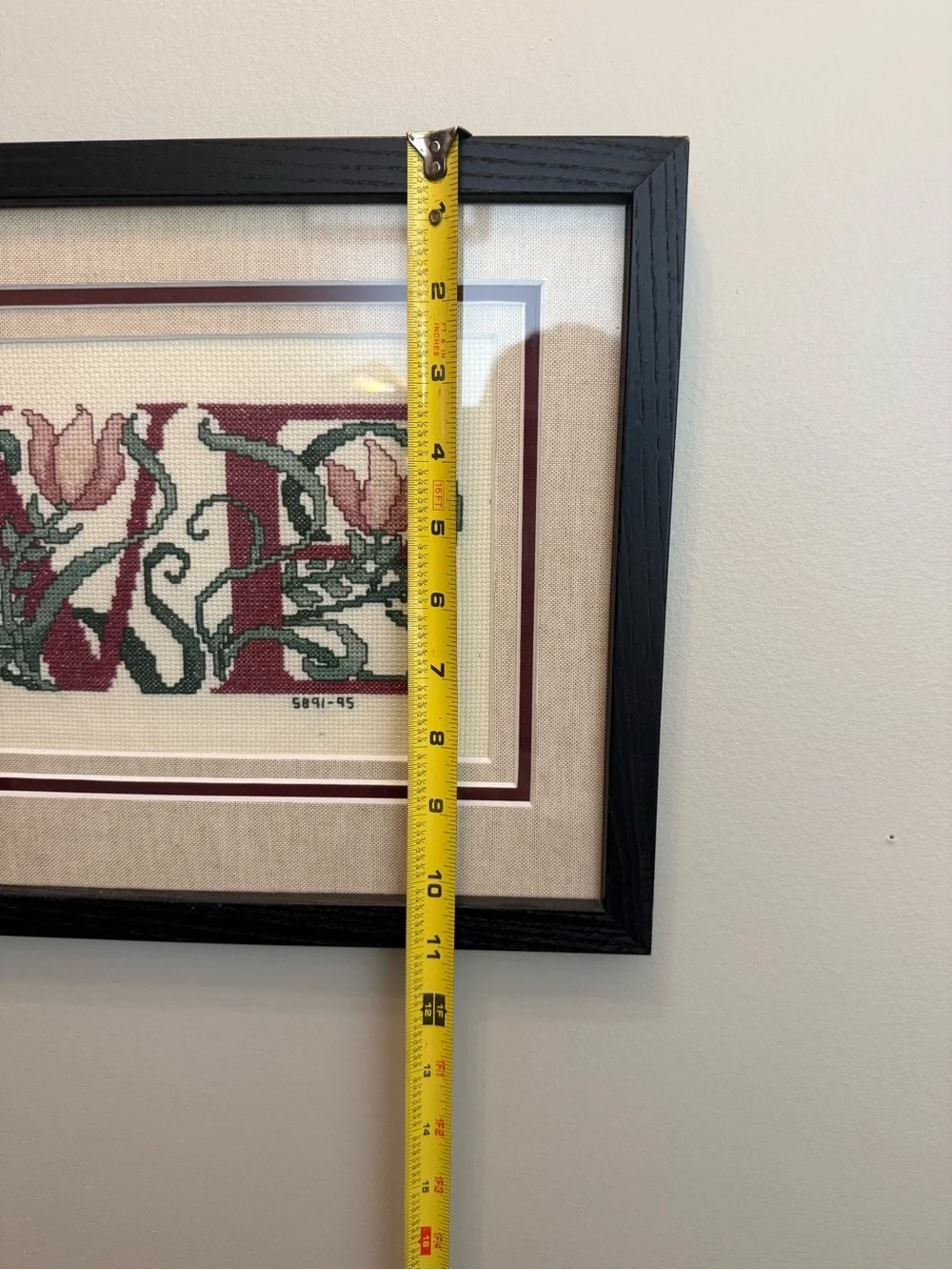 Black Framed Floral Cross-Stitch Wall Art - Neutral and Burgundy Accents